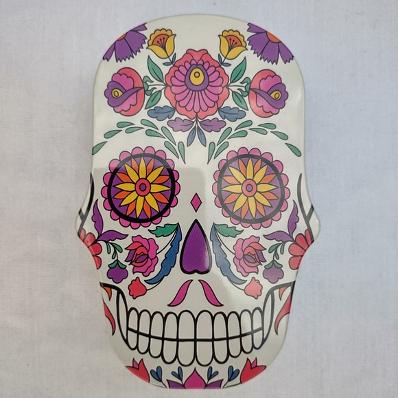 Skull Shaped Tin Sugar Skull Box Storage Jewelry Gift Container Day of the Dead - Picture 1 of 9